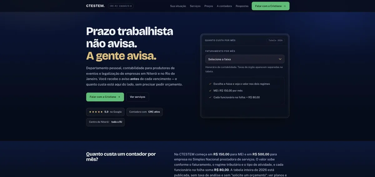 Página da CTESTEM Contábil no computador