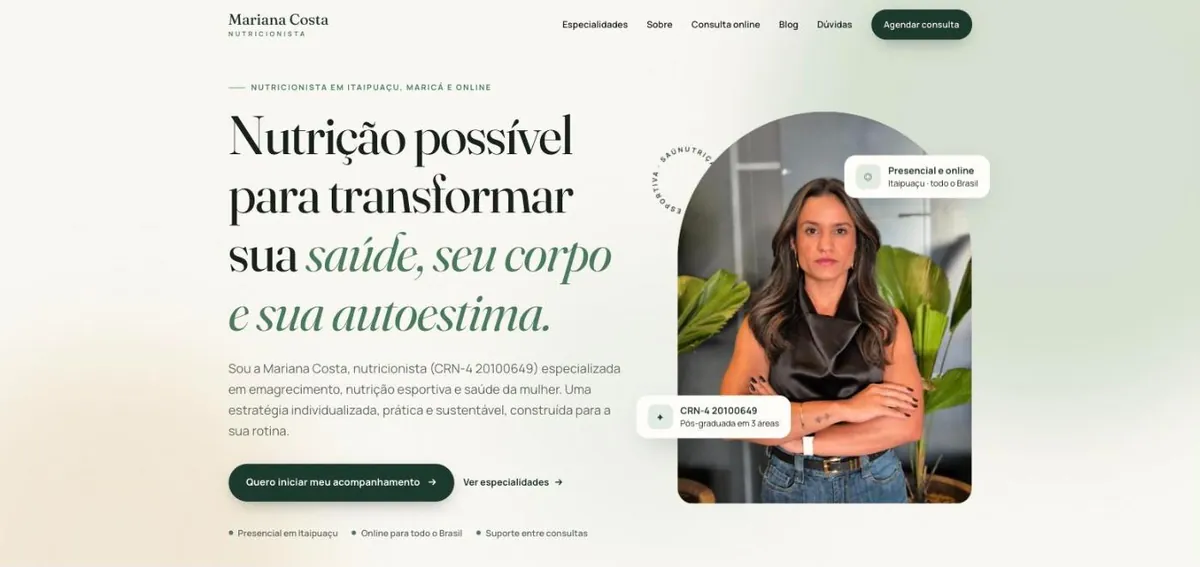 Página da Mariana Costa Nutricionista no computador