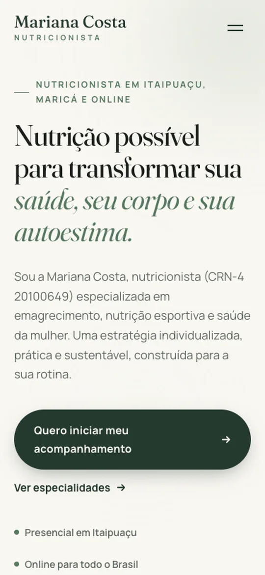 Página da Mariana Costa Nutricionista no celular